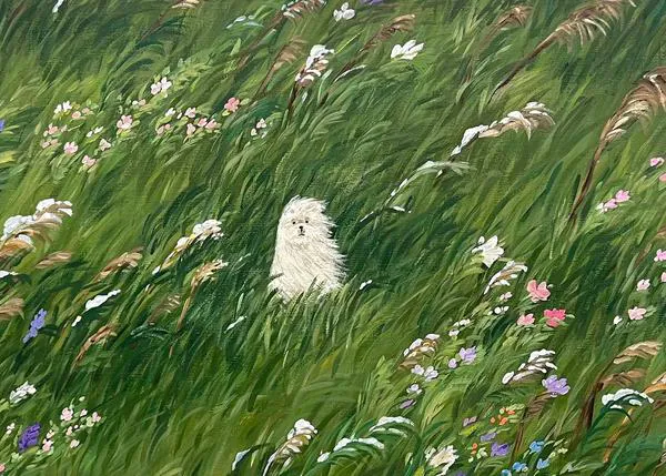 Perros (y ovejas) muy zen que disfrutan del viento y del campo: los bellos y coloridos retratos de Young Lee