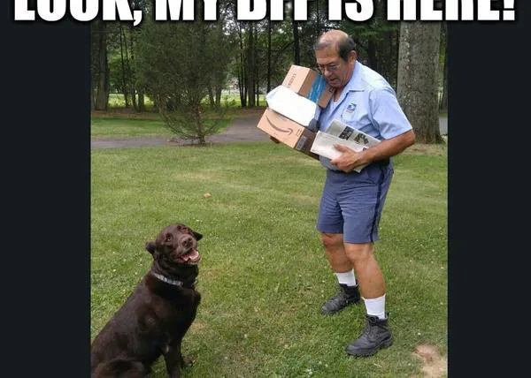Un perro espera ansioso la llegada del cartero... ¡para darle besos y recibir sus mimos!