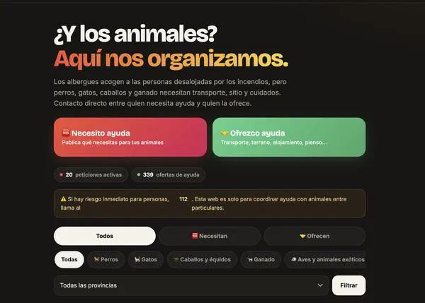 Animales e incendios: una web centraliza los avisos de personas que necesitan ayuda en Madrid y las que la ofrecen