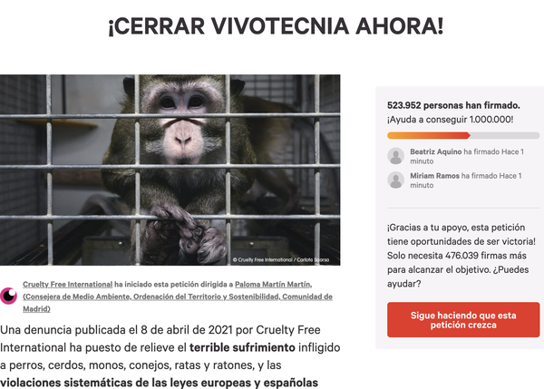 Más de medio millón de personas han sumado su firma a la petición de cierre de Vivotecnia