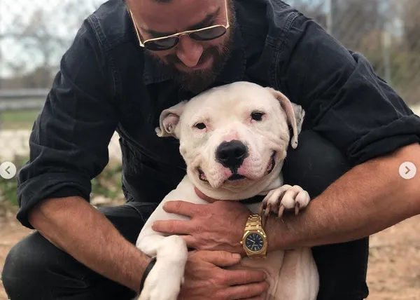 Justin Theroux celebra el día nacional de los perros adoptados con un guapo pit bull y Kuma, su amor canino