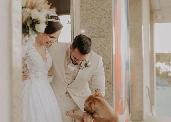 Un perro callejero, con una pata rota, se cuela en una boda... ¡y acaba siendo adoptado por los novios!