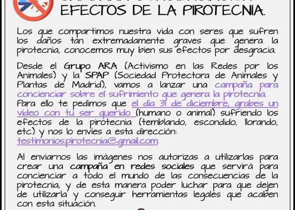 Campaña de concienciación sobre los efectos de la pirotecnia en perros y humanos