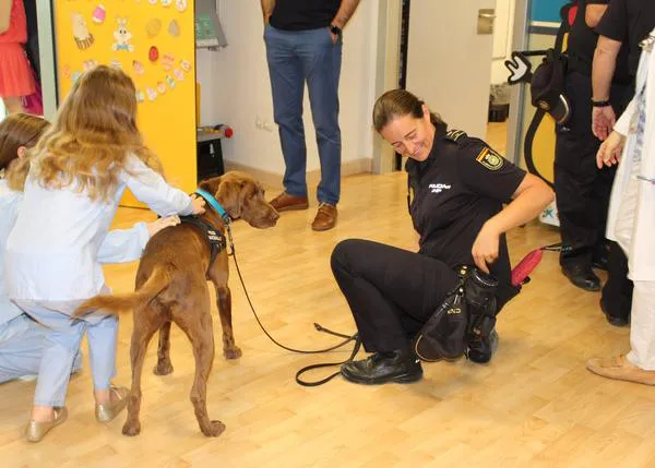 Agentes de la Policía Nacional, de la Unidad Científica y Canina, explican su trabajo a los pacientes del Hospital La Fe