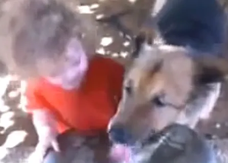 Un perro y un niño pequeño tratan de compartir el agua de una fuente, sin mucho éxito